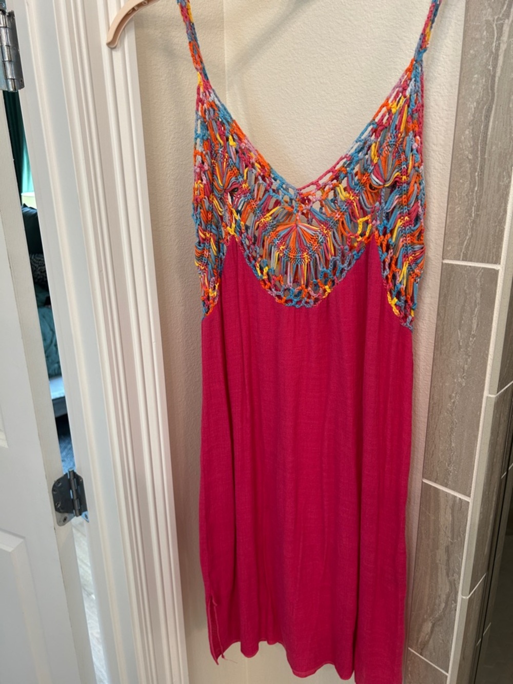 Bright Fuchsia Slip Dress with Multicolor Crochet Yoke